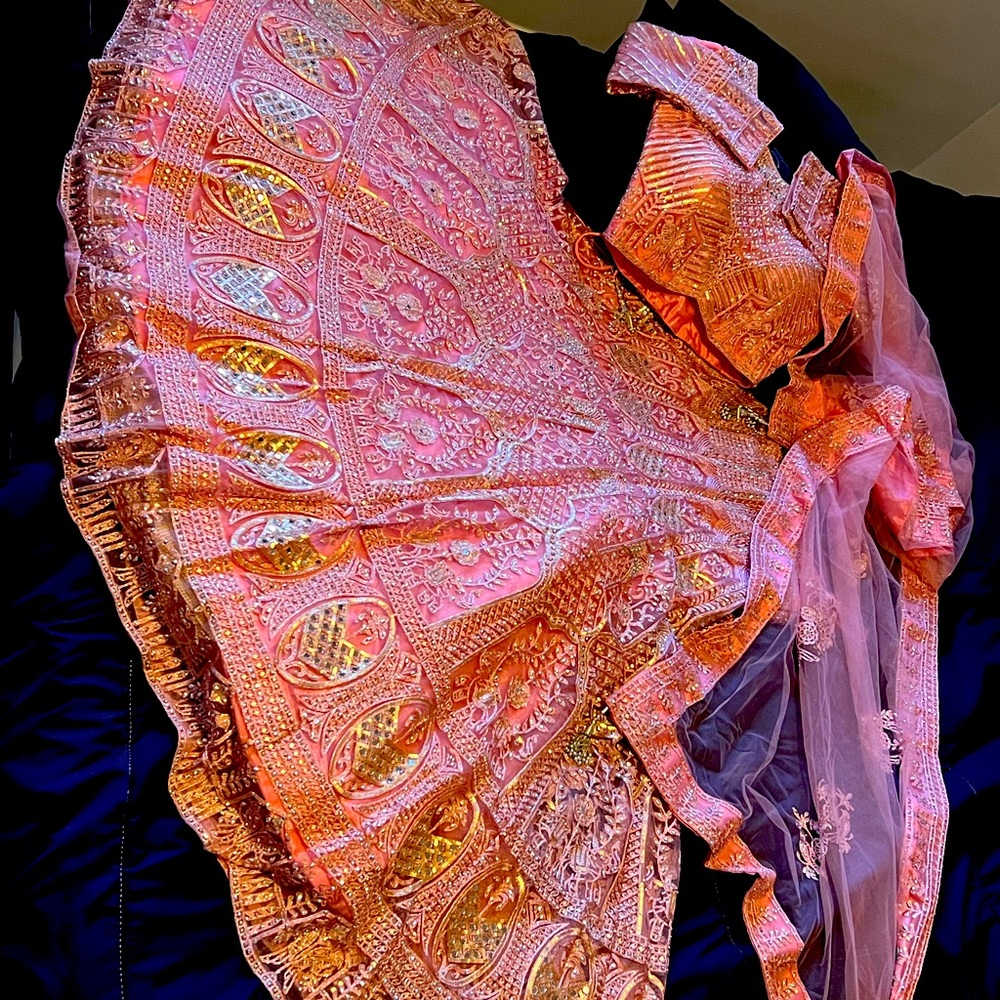 Light pink beautiful designed lehnga choli with special embroidery work .